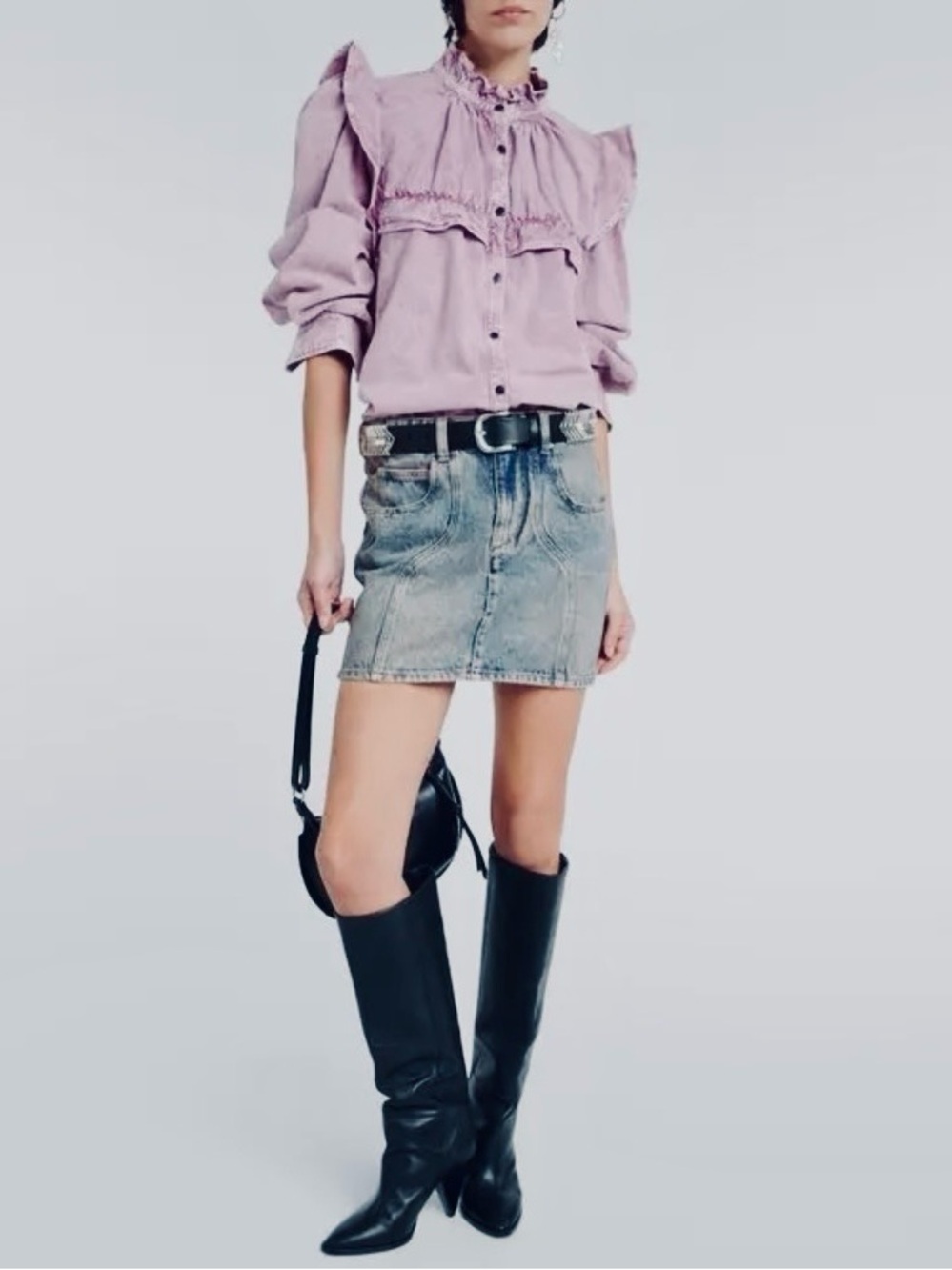 Isabel Marant Etoile Idety Ruffled Denim Shirt Lilac Rosewood Purple Size 38